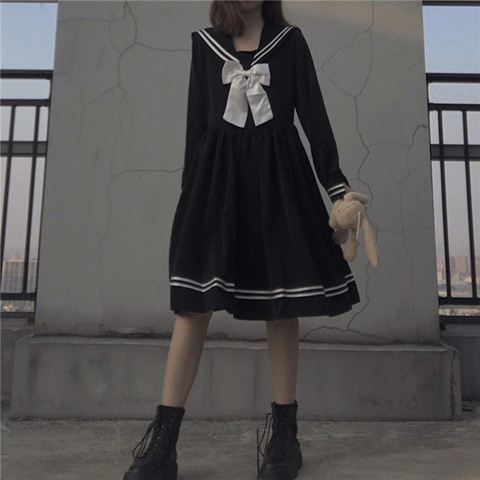 Vestido Kawaii japonés de Lolita para mujer, Vestido de manga larga con lazo, negro, hasta la rodilla, azul marino, Preppy, para fiesta, verano 2022 ► Foto 1/6