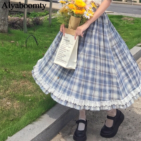 Falda de estilo japonés Lolita para mujer, falda de cintura alta Vintage a cuadros, falda de botones, volantes, Kawaii, Preppy ► Foto 1/5