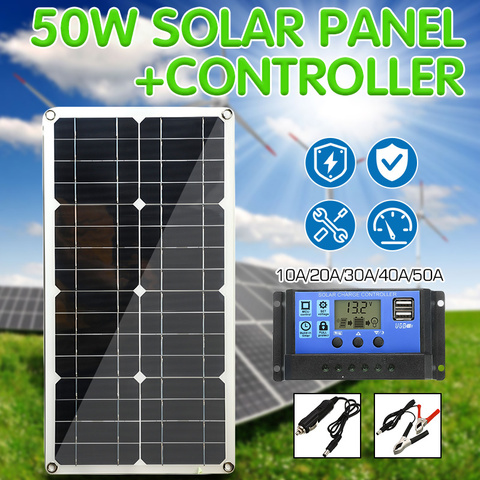 Panel Solar de 50W con doble salida USB Panel Solar Poly Solar 10/20/30/40/50A controlador para coche de yates 12V cargador de bote de batería ► Foto 1/6