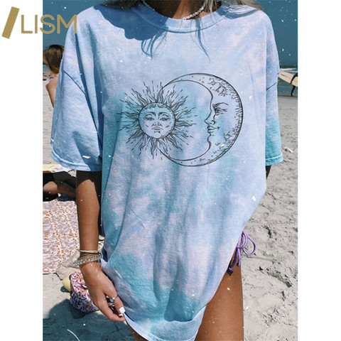 Camisetas con estampado de letras Harajuku para mujer, camiseta de verano Tie-Dye Y2k, camisetas de manga corta con patrón de Luna y sol rosa y azul ► Foto 1/6