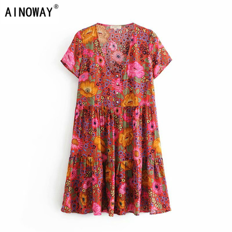 Chic Vintage de las mujeres de manga corta estampado Floral playa bohemio cuello en v mini vestido de verano de las señoras rayón Boho vestido vestidos ► Foto 1/6