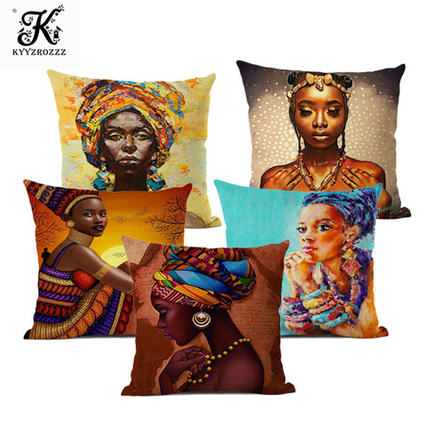 Pintura al óleo de moda étnica para mujer, arte de sala de estar africana, cojines decorativos, sofá, tejido de lino para funda de almohada, funda de cojín 45x45 ► Foto 1/6