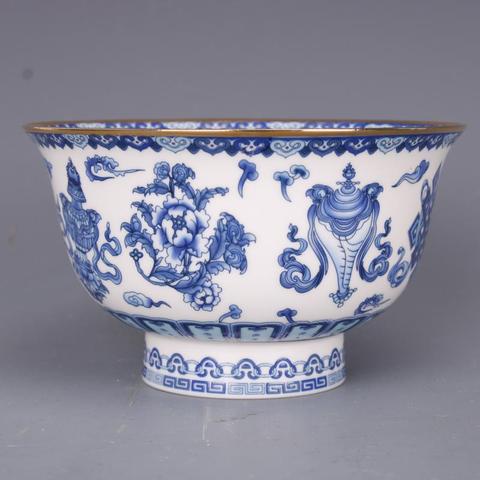 Qianlong-cuenco azul y blanco con borde dorado, ocho tesoros, tazón de patrón, porcelana antigua artesanal, productos para el hogar ► Foto 1/6