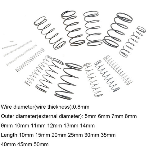 Resorte de compresión pequeño de acero, resorte de retorno mecánico de presión OD de 5mm, 0,8x5, 6, 7, 8, 9, 10, 11, 12, 13x10-50mm, 10 Uds. ► Foto 1/6