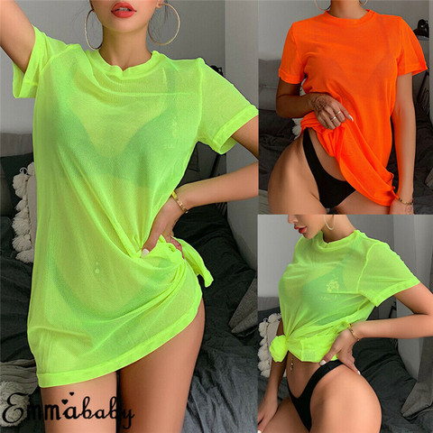 Mujer Sexy pura malla Bikini cubrir traje de baño ver a través de manga corta Camiseta Tops de verano para la playa vestido ► Foto 1/6