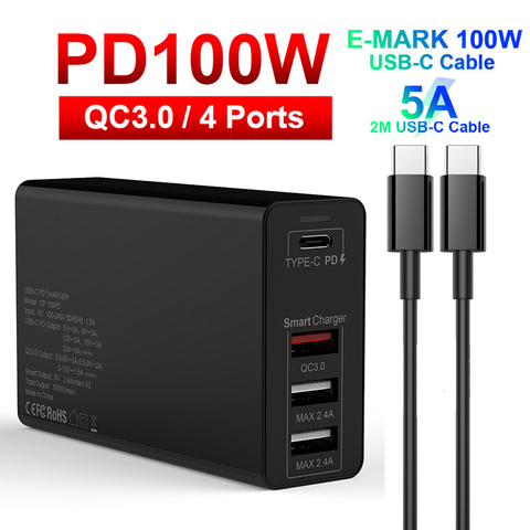 URVNS-cargador USB tipo C PD de 100W, estación de carga de 4 puertos para Samsung, iPhone, Huawei, QC 3,0, adaptador de corriente de cargador de pared rápido ► Foto 1/6