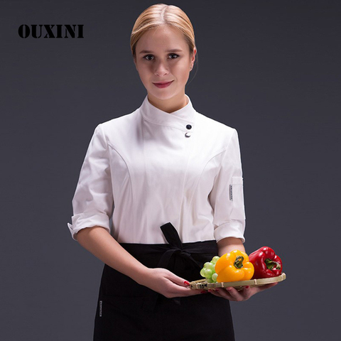 Chaqueta de cocina de chef de comida para mujer, uniforme de Hotel blanco, ropa de trabajo para camarero, Verano ► Foto 1/6