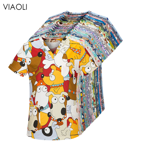 Viaoli-uniforme de algodón con estampado de dibujos animados para spa, uniforme de tienda de belleza para mascotas, top ajustado, ropa exfoliante, bata de laboratorio para mujer ► Foto 1/6