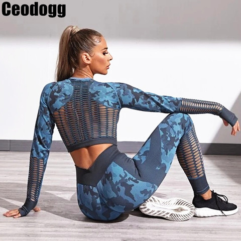 Conjunto deportivo de camuflaje para mujer, ropa de entrenamiento para gimnasio, Top corto de manga larga para Fitness, Leggings sin costuras de cintura alta de camuflaje, 2 uds. ► Foto 1/6