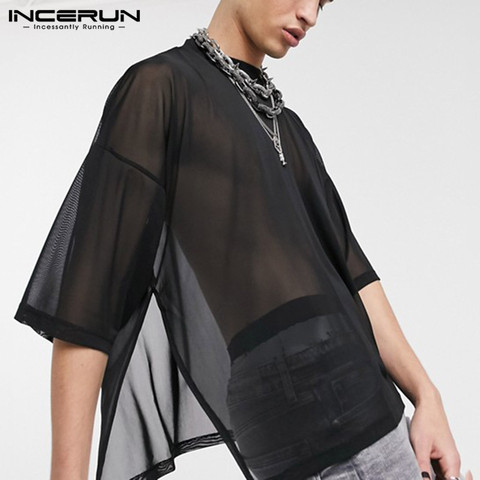 Camiseta de malla de moda para hombre, camiseta Sexy con cuello redondo, camisetas de manga corta transparentes para fiesta en club nocturno, Camiseta estilo urbano para hombre, camisetas S-5XL INCERUN 2022 ► Foto 1/6