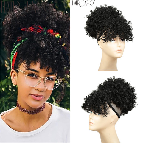 Coleta sintética rizada Afro con flequillo para mujer, extensión de pelo corto con cordón, color blanco y negro ► Foto 1/6