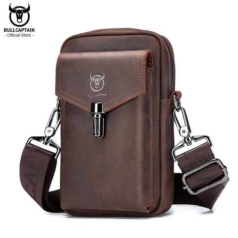 BULLCAPTAIN-riñonera de cuero Crazy Horse para hombre, bolso multifuncional para teléfono móvil de 7 pulgadas, bandolera de hombro, marrón ► Foto 1/6