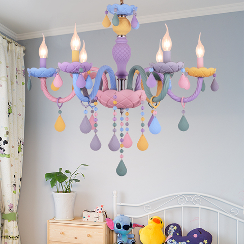 Candelabro de habitación para niños, iluminación colorida para sala de estar, rosa, chica, lámpara de habitación, Color de macarrón, lustre de cristal ► Foto 1/2