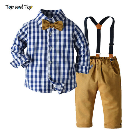 Partes de arriba, conjuntos de ropa para niños, primavera, otoño, nuevos, para niños, de manga larga, pajarita de cuadros, Tops + Pantalones con tirantes, ropa informal, atuendo ► Foto 1/6