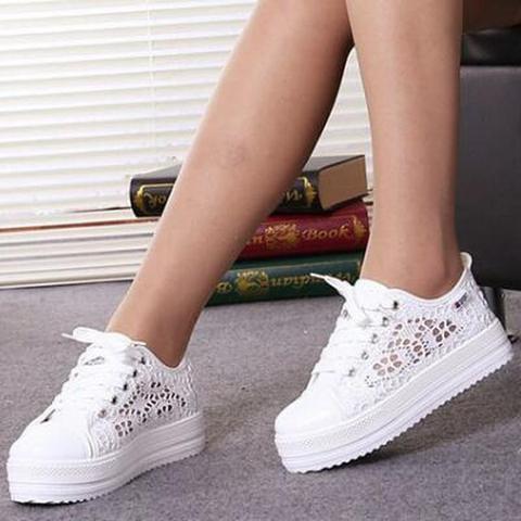 Dray-Zapatos informales de lona con cordones para mujer, calzado plano con plataforma transpirable con flores huecas para verano, uij8 ► Foto 1/6