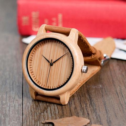 Reloj de pulsera redondo de bambú para hombre, reloj de pulsera con correa de cuero genuino, de madera, para navidad y aniversario ► Foto 1/6