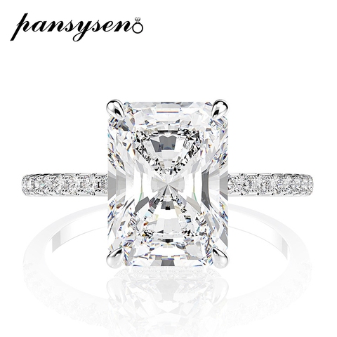 PANSYSEN-anillos de boda de diamante de moissanita para mujer, Plata de Ley 925 auténtica de corte de Esmeralda, propuesta de compromiso de lujo ► Foto 1/6