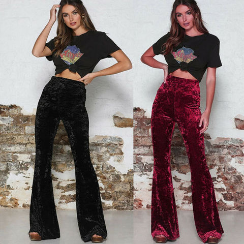 Pantalones acampanados largos de terciopelo Vintage para mujer, moda Coreana de calle femenina, Sexy, de cintura alta, informales, de terciopelo, rojo, Campana Negra ► Foto 1/6