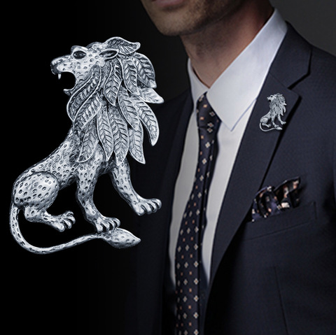 Pin de broche de Animal para hombre, broche de León de Color dorado y plateado antiguo de alta calidad con personalidad, accesorios para Cuello de camisa ► Foto 1/6