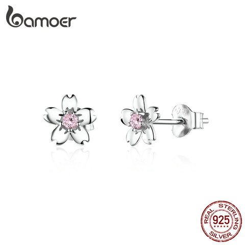 Bamoer-pendientes de tuerca de flor de cerezo rosa para mujer, Plata de Ley 925, bonitos pendientes para niñas coreanos, accesorios, Oreilles SCE784 ► Foto 1/6