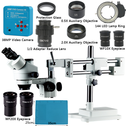Microscopio estéreo con Zoom Trinocular, soporte de doble brazo, 3,5x, 90X, 180X, 38.0mp, 2K, HDMI, cámara USB, 144, luz LED ► Foto 1/6