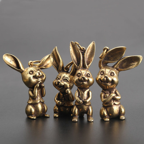 Figuras en miniatura de conejos de cobre de 4 estilos, adornos pequeños de latón Vintage, decoración de Escritorio de decoración para el hogar, anillos colgantes ► Foto 1/6