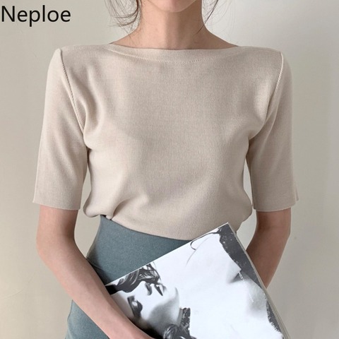 Neploe-Camisetas básicas de algodón para mujer, blusas de media manga con cuello redondo, informales, ajustadas, 1C093, novedad de verano 2022 ► Foto 1/6