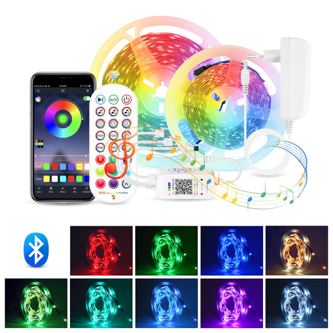 Tira de luces Led con Bluetooth RGB 5050, cinta de diodos con Control de música y micrófono, mando a distancia de 24 teclas, 5M, 10M, 15M y 20M ► Foto 1/6