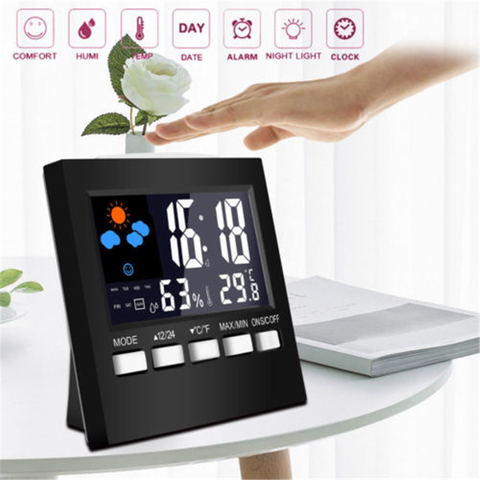 Reloj Digital inteligente con pantalla LCD, termómetro, humedad, alarma, calendario, escritorio Simple, relojes de mesa, negro ► Foto 1/6