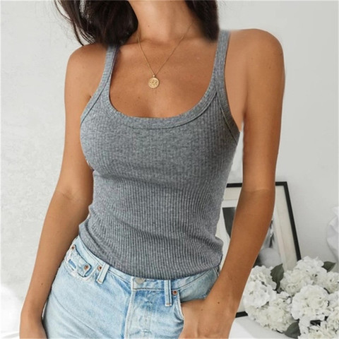 Camiseta sin mangas con tirantes finos para mujer, remera tejida de calidad con cuello en U, camisetas sin mangas informales de Color sólido, camisola básica para mujer de talla grande ► Foto 1/6