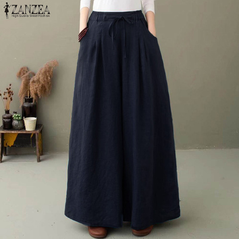 ZANZEA Elegant Women's Wide Leg Pants Autumn Trousers Casual Drawstring Pantalon Palazzo Female Elastic Waist Turnip Plus Size ► Foto 1/6