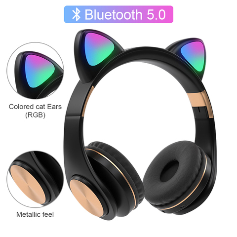 Auriculares inalámbricos con Bluetooth y micrófono para Oreja de Gato, auriculares con luz flash RGB y reducción de ruido para niños ► Foto 1/6