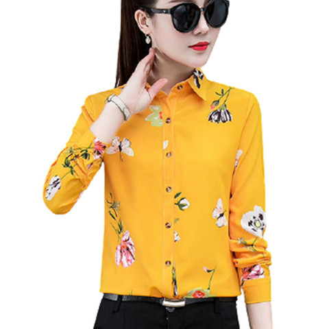 Camisa de talla grande con estampado Floral para mujer, Blusa de gasa a la moda de manga larga con solapa coreana, color amarillo ► Foto 1/6