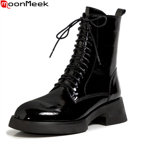 MoonMeek-Botas de piel auténtica para mujer, grueso con punta cuadrada Botines de tacón, a la moda, con cordones, 2022 ► Foto 1/6