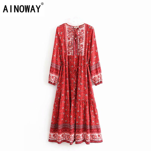 Chic Vintage mujeres elegante encaje borla floral print playa bohemio Maxi Vestido Mujer rayón Boho vestido vestidos ► Foto 1/6