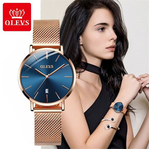 OLEVS-reloj ultrafino de cuarzo con movimiento japonés para mujer, color rosa dorado, con calendario ► Foto 1/5