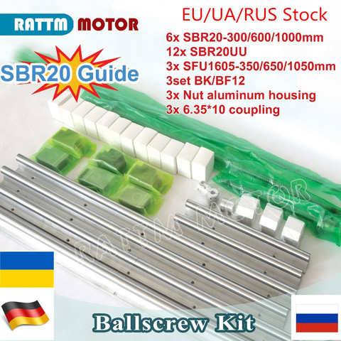 CNC-riel guía lineal SBR20 L-300/600/1000mm y 3 uds., tornillo de bola 1605-350/650/1050mm, mecanizado + 3 juegos BK/B12, 6 uds. ► Foto 1/6