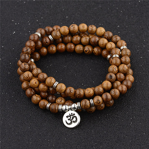 Pulsera con cuentas de madera de 108 multicapa para hombre y mujer, brazalete con abalorios de Lotus OM, Budista Tibetano, Mala, Buda, brazalete con abalorio, brazalete de madera para Yoga ► Foto 1/6