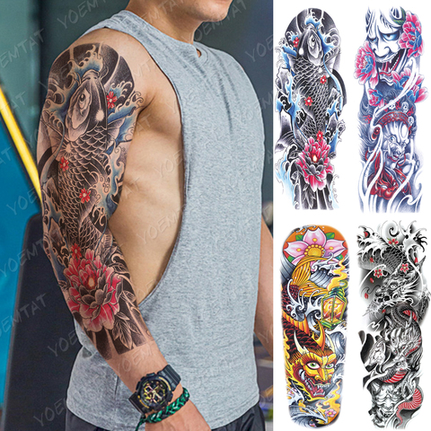 Manga de tatuaje para brazo grande para hombre y mujer, Prajna japonesa, dragón de carpa, pegatina temporal impermeable, arte corporal de Dios, Tatuaje falso completo ► Foto 1/6