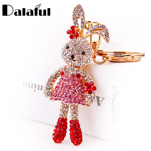 Dalaful Crystal Long Ear Rabbit flor soporte para llavero para coche mujeres llaveros colgante de bolsa o monedero llaveros K254 ► Foto 1/6