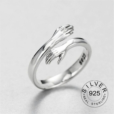 Plata de Ley 925 auténtica dedo Anillos para las mujeres las manos abrazo en forma de delicado de moda joyería ajustable abierto Anillos antiguos Anillos ► Foto 1/6