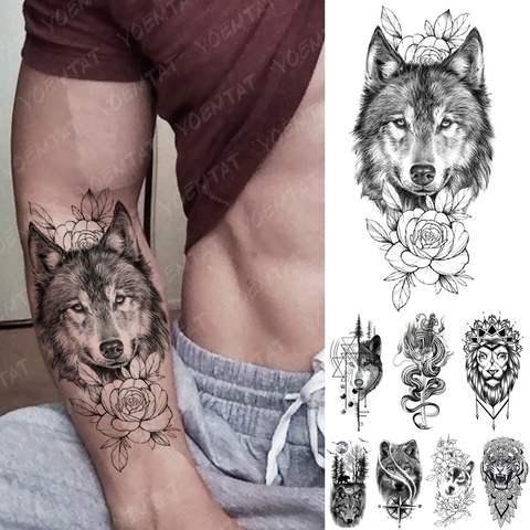 Impermeable etiqueta engomada del tatuaje temporal geométrica Dragón, Lobo León tatuajes bosque Tigre arte de cuerpo brazo falso manga tatuaje de los hombres de las mujeres ► Foto 1/6