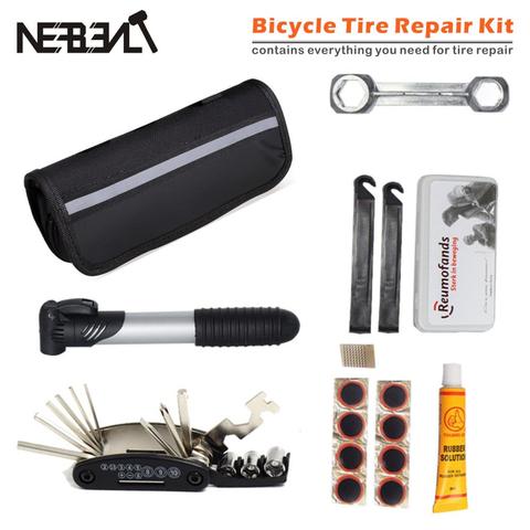 Kit de reparación multifunción para bicicleta, Kit de reparación de neumáticos, inflador, reparación de bicicletas de montaña, con bolsa ► Foto 1/6