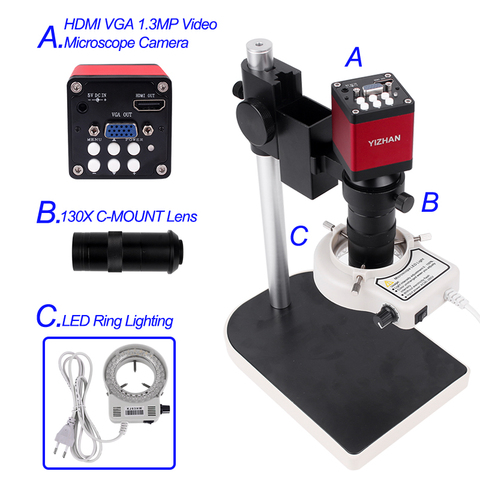 HDMI conjunto de cámara de microscopio HD 13MP 60F/S VGA HDMI cámara de microscopio Industrial + 130X C montaje de lente de 56 Anillo de luz LED lámpara ► Foto 1/6