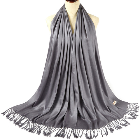 Pashmina de seda Lisa para mujer, chal brillante con flecos, vestido de noche cada día, invierno, Otoño, suave y grande, 70x200cm ► Foto 1/6