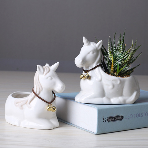 Macetas de unicornios de cerámica blanca para plantas suculentas, minicontenedores de bonsái para decoración de escritorio de jardín y hogar, 2 piezas ► Foto 1/6