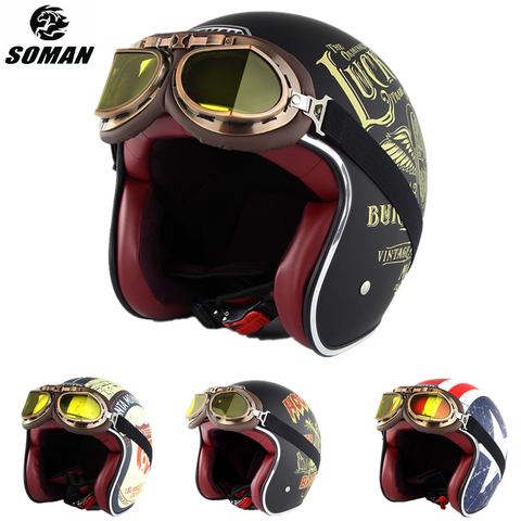 SOMAN-Casco Retro para motocicleta, máscara abierta de cuero, 3/4, Chopper, Vespa, Vintage ► Foto 1/6