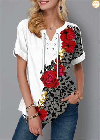 Ropa de talla grande para mujer, camisetas de manga corta con estampado de flores a la moda, camiseta de verano con cuello en V, camiseta informal holgada para mujer 2022 ► Foto 1/6