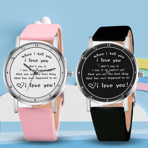 Cartas reloj impreso reloj de cuarzo con correa de cuero de la PU te amo reloj para mujeres chicas H9 ► Foto 1/6