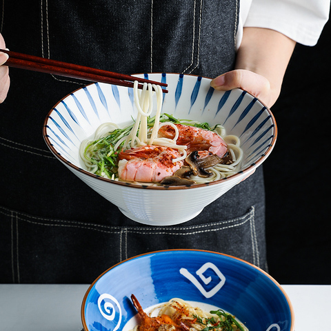 Cuenco japonés de 8 pulgadas para Ramen, cuenco para ensalada, arroz, Pasta, fruta, tazón de sopa, fideos, recipiente para microondas, vajilla de cerámica ► Foto 1/6